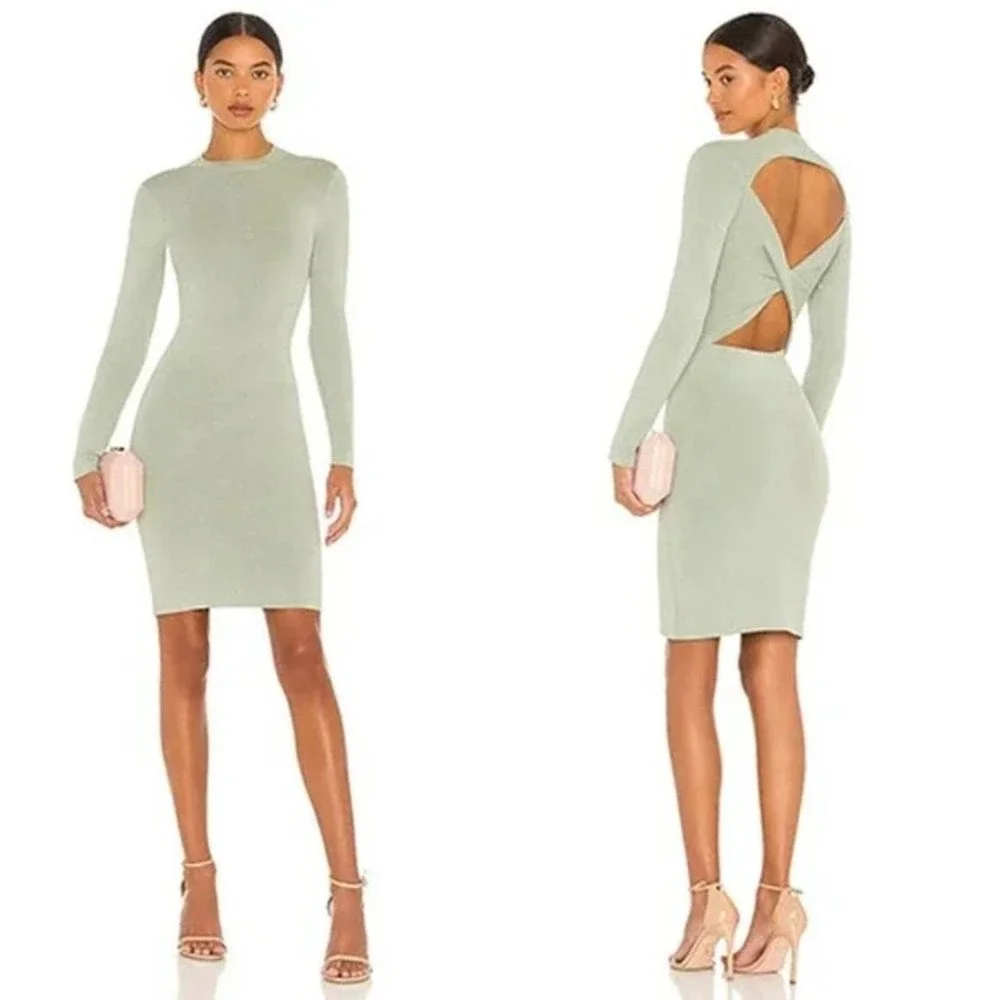 Alice + Olivia Estelle Twist-back Long Sleeve Mini Bodycon Dress Sage Size: XS - Picture 5 of 6